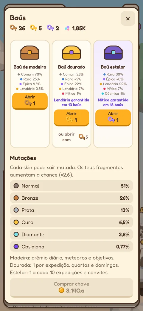 Loja do Pickadrift com os baús de madeira, dourado e estelar e as probabilidades das mutações