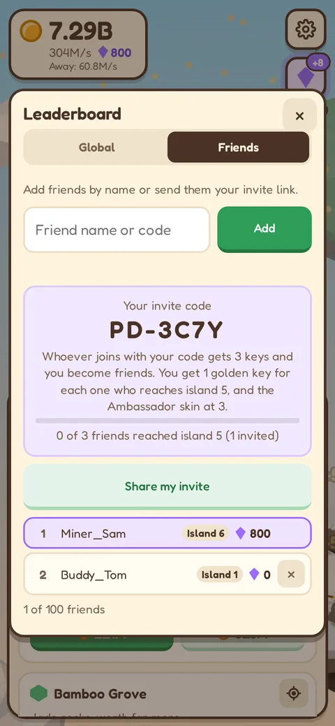 Friends tab with the invite code and the friends leaderboard
