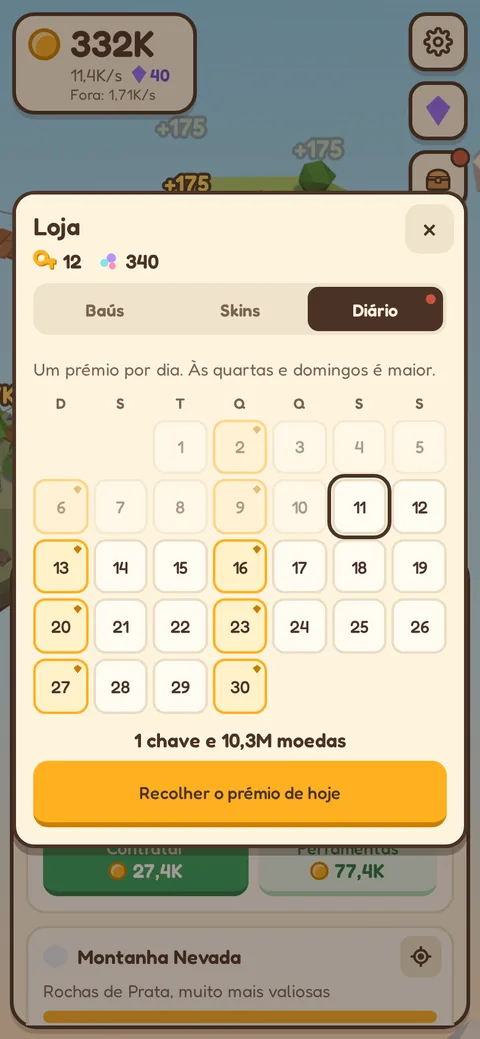 Calendário do prémio diário com os dias especiais marcados
