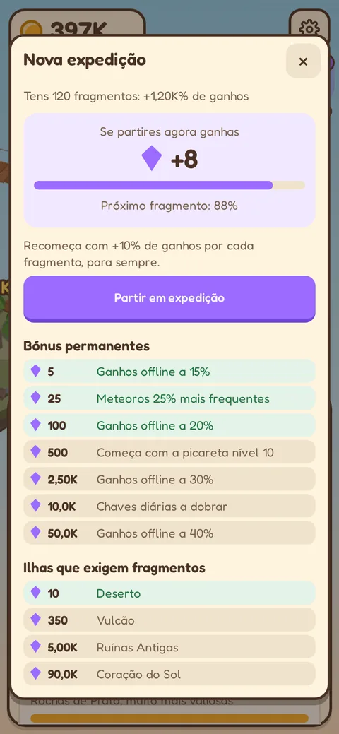 Janela de expedição com os fragmentos a ganhar e os bónus permanentes