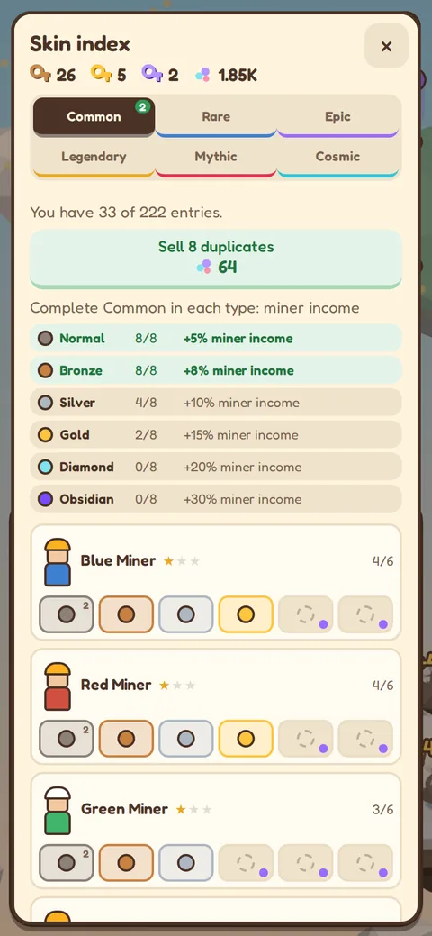 Pickadrift skin index showing the six mutations of each skin