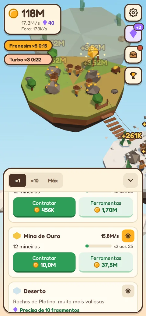 Um meteoro dourado a flutuar sobre a Mina de Ouro, com os bónus de frenesim e turbo ativos