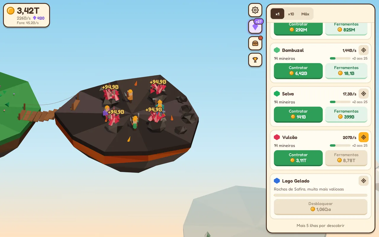 Pickadrift no computador: o Vulcão com cristais de rubi e o painel de mineiros à direita